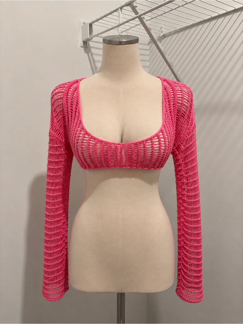 Pink Crochet Long Sleeve Shrug Bikini Top